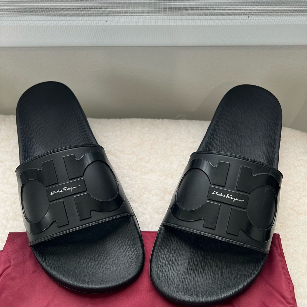 Salvatore Ferragamo Black Logo Slide Sandals